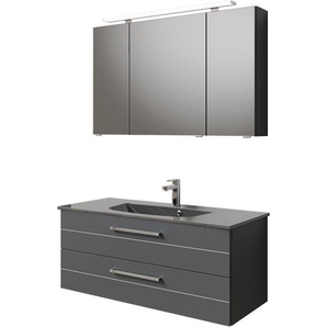 Saphir Badmöbel-Set Serie 6025 2-teilig Mineralmarmor-Waschtisch mit LED-Spiegelschrank, (2-St), Waschplatz 117cm breit, 2 Schubladen, 3 Spiegel-Türen, inkl Türdämpfer
