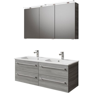 Saphir Badmöbel-Set Serie 6025 2-teilig Mineralmarmor-Waschtisch mit LED-Spiegelschrank, (2-St), Waschplatz 132cm breit, 4 Schubladen, 2 Spiegel-Türen, inkl Türdämpfer