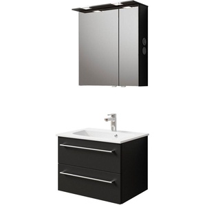 Saphir Badmöbel-Set Serie 6025 2-teilig Mineralmarmor-Waschtisch mit LED-Spiegelschrank, (2-St), Waschplatz 67 cm breit, 2 Schubladen, 2 Spiegel-Türen, inkl Türdämpfer