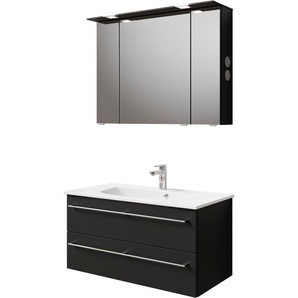 Saphir Badmöbel-Set Serie 6025 2-teilig Mineralmarmor-Waschtisch mit LED-Spiegelschrank, (2-St), Waschplatz 97 cm breit, 2 Schubladen, 3 Spiegel-Türen, inkl Türdämpfer