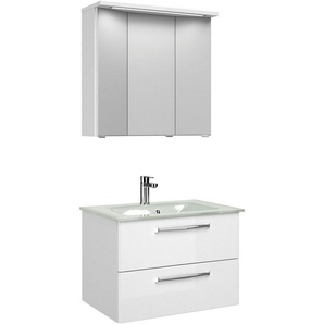 Saphir Badmöbel-Set Trentino 2-teilig Glas-Waschtisch mit LED-Spiegelschrank, (3-St), Badmöbel-Set 77cm breit, inkl. Türdämpfer, 3 Türen, 2 Auszügen