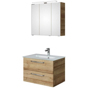 Saphir Badmöbel-Set Trentino 2-teilig Glas-Waschtisch, Spiegelschrank mit LED-Leuchte, (3-St), Badmöbel-Set 77cm breit, inkl. Türdämpfer, 3 Türen, 2 Auszügen