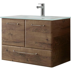 Saphir Waschtisch Quickset Glaswaschtisch mit Unterschrank, 74 cm breit, Waschplatz, Griffe in Chrom Glanz, inkl. Türdämpfer, 2 Türen, 1 Schublade