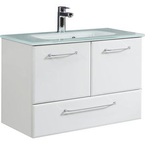 Saphir Waschtisch Quickset Glaswaschtisch mit Unterschrank, 74 cm breit, Waschplatz, Griffe in Chrom Glanz, inkl. Türdämpfer, 2 Türen, 1 Schublade