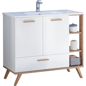 Saphir Waschtisch Quickset Mineralmarmor-Waschtisch mit Unterschrank, 101 cm breit, Wachplatz, inkl. Türdämpfer, 2 Türen, 1 Schublade, seitliches Fach