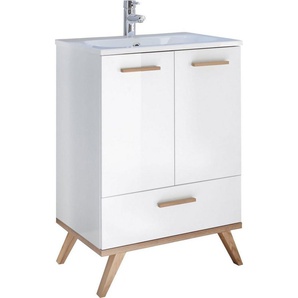 Saphir Waschtisch Quickset Mineralmarmor-Waschtisch mit Unterschrank, 61 cm breit, Wachplatz, Holzgriffe, inkl. Türdämpfer, 2 Türen, 1 Schublade