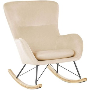 Schaukelsessel Beige Samtstoff mit Armlehnen Holzbeine Wohnzimmer Kinderzimmer Schlafzimmer Wohnbereich Modernes Design