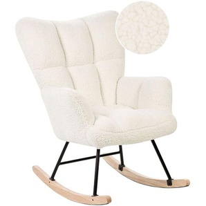 Schaukelsessel Weiß Bouclé Stoff Gepolstert mit Armlehnen Schwarze Beine für Wohnzimmer Kinderzimmer Schlafzimmer Wohnbereich Modernes Design