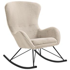 Schaukelstuhl in LammfellOptik, Beige, mit Kufengestell aus schwarzem Metall - Schaukelsessel, Wippstuhl