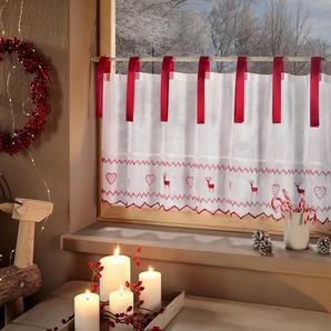 Scheibengardine HOME AFFAIRE Heart-Elk Gardinen Gr. 45 cm, Bindebänder, 90 cm, rot Scheibengardinen transparent Gardine mit Weihnachttlichen Motiven transparent, bestickt, Voile