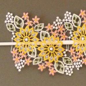 Scheibengardine STICKEREIEN PLAUEN Blüten Gardinen Gr. 14 cm, Stangendurchzug, 140 cm, gelb (weiß, gelb) Scheibengardinen halbtransparent Gardine