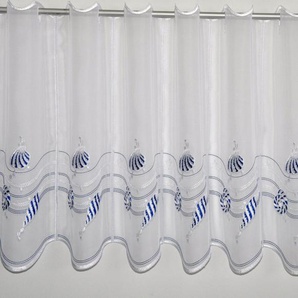 Scheibengardine STICKEREIEN PLAUEN Muscheln Gardinen Gr. 40 cm, Durchzuglöcher, 160 cm, weiß Scheibengardinen transparent Gardine veredelt mit echter Plauener Spitze Stickerei