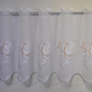 Scheibengardine STICKEREIEN PLAUEN Rosentraum Gardinen Gr. 40 cm, Stangendurchzug, 128 cm, weiß (weiß, beige) Scheibengardinen transparent Gardine