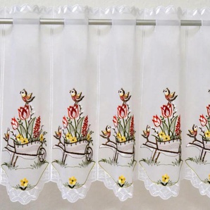 Scheibengardine STICKEREIEN PLAUEN Schubkarre Gardinen Gr. 40 cm, Durchzuglöcher, 160 cm, weiß Scheibengardinen transparent Gardine veredelt mit echter Plauener Spitze Stickerei