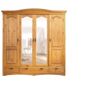 Schiebetürenschrank HOME AFFAIRE Konrad, Landhausstil, rustikal, mit Schubladen + Spiegel, Kassetten, beige (natur), B:202cm H:207cm T:64cm, Massivholz, Glas, Schränke, massive Kiefer, FSC-zertifiziert, Messinggriffe, mehrere Varianten, Topseller