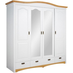 Schiebetürenschrank HOME AFFAIRE Konrad, Landhausstil, rustikal, mit Schubladen + Spiegel, Kassetten, weiß, honig gewachst, B:202cm H:207cm T:64cm, Massivholz, Glas, Schränke, massive Kiefer, FSC-zertifiziert, Messinggriffe, mehrere Varianten, Topseller