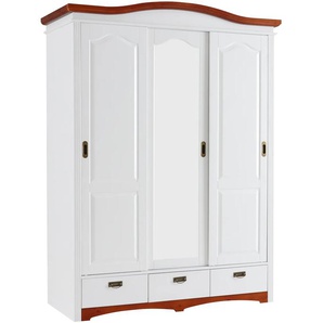 Schiebetürenschrank HOME AFFAIRE Konrad, Landhausstil, rustikal, mit Schubladen + Spiegel, Kassetten, weiß (weiß, kirschbaumfarben), B:153cm H:207cm T:64cm, Massivholz, Glas, Schränke, massive Kiefer, FSC-zertifiziert, Messinggriffe, mehrere Varianten,