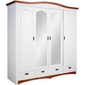 Schiebetürenschrank HOME AFFAIRE Konrad, Landhausstil, rustikal, mit Schubladen + Spiegel, Kassetten, weiß, kirschbaumfarben gewachst, B:202cm H:207cm T:64cm, Massivholz, Glas, Schränke, massive Kiefer, FSC-zertifiziert, Messinggriffe, mehrere Varianten,