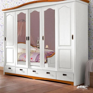 Schiebetürenschrank HOME AFFAIRE Konrad, Landhausstil, rustikal, mit Schubladen + Spiegel, Kassetten, weiß (weiß, kirschbaumfarben), B:249cm H:207cm T:64cm, Massivholz, Glas, Schränke, massive Kiefer, FSC-zertifiziert, Messinggriffe, mehrere Varianten,