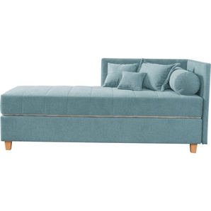 Schlafsofa ADA TRENDLINE Kona Sofas Gr. B/H/T: 201 cm x 90,5 cm x 101 cm, Chenille GCP, Armlehne rechts, blau (pastellblau gcp 16) Einzelsofas 7-Zonen Taschenfederkernmatratze, Zierkissen-Set und Schlummerrollen