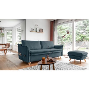 Schlafsofa mit Holzfüßen Blau/Grau/Stahl Webstoff Neli 225 x 85 x 90cm mit Schlaffunktion Modern