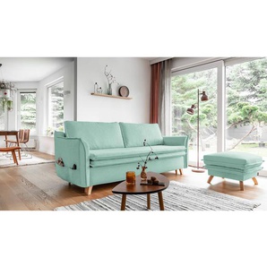 Schlafsofa mit Holzfüßen Türkis/Aqua Webstoff Neli 225 x 85 x 90cm mit Schlaffunktion Modern