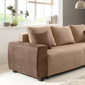Schlafsofa HOME AFFAIRE Bella Sofas Gr. B/H/T: 241 cm x 90 cm x 94 cm, Microfaser PRIMABELLE-Luxus-Microfaser, mit Bettfunktion-mit Bettkasten, braun (hellbraun) Einzelsofas mit geprägtem Bezug bei Armlehnen