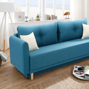 Schlafsofa HOME AFFAIRE Scandic Sofas Gr. B/H/T: 225 cm x 93 cm x 86 cm, Struktur fein, blau (petrol) Einzelsofas inkl. 2 Zierkissen und Bettkasten, Knopfheftung in Rückenkissen