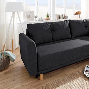 Schlafsofa HOME AFFAIRE Scandic Sofas Gr. B/H/T: 225 cm x 93 cm x 86 cm, Webstoff, schwarz Einzelsofas inkl. 2 Zierkissen und Bettkasten, Knopfheftung in Rückenkissen