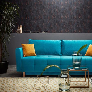 Schlafsofa INOSIGN Nordic Sofas Gr. B/H/T: 219 cm x 93 cm x 88 cm, Samtvelours, mit Bettfunktion-mit Bettkasten, blau (petrol) Einzelsofas
