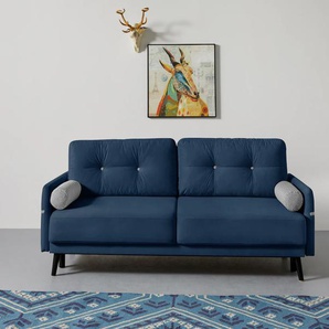 Schlafsofa INOSIGN Sofas Gr. B/H/T: 210 cm x 92 cm x 101 cm, Samtvelours, mit Bettfunktion-mit Bettkasten, blau (marineblau) Einzelsofas