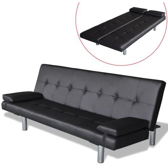 Schlafsofa mit 2 Kissen Kunstleder Ausziehbar Schwarz