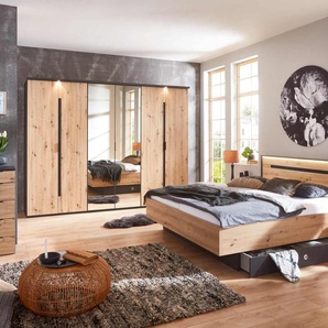 Schlafzimmer 4-tlg. in Artisan Eiche NB mit Abs. in graphit, bestehend aus Drehtürenschrank B: 300 cm und Bett 180x200 cm inkl. Nachtschränke