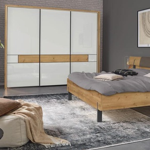 Schlafzimmer Sala 2.0, Bianco-Eiche/Glas weiß, 180 x 200 cm, Schrank 300 x 216 cm