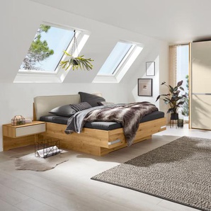 Schlafzimmer Savona 2.0, Bianco-Eiche massiv/champagner, 180 x 200 cm, Schrank 300 x 217 cm, Bett mit Polsterkopfteil