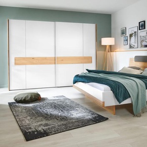 Schlafzimmer Sestino, weiß matt, Absetzungen Eiche Natur massiv, 180 x 200 cm, Schrank 302 x 224 cm