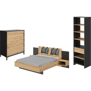 Schlafzimmer-Set GAMI Mimizan Schlafzimmermöbel-Sets Gr. B/H: 140 cm x 200 cm, braun (schwarz – eiche helvezia) Komplett Schlafzimmer