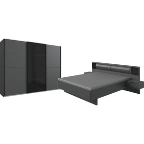Schlafzimmer-Set WIMEX Barcelona Schlafzimmermöbel-Sets Gr. B/H/T: 289 cm x 208 cm x 210 cm, B/H: 180 cm x 200 cm, grau (graphit, abgesetzt glas schwarz) Komplett Schlafzimmer 4-teiliges Set