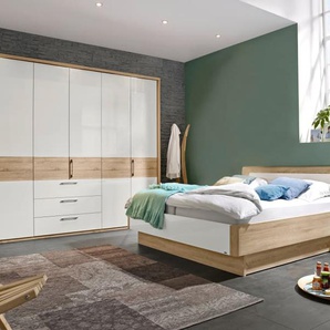 Schlafzimmer Zelo, Lack bianco weiß Hochglanz, Absetzungen Eiche macao, 180 x 200 cm, Schrank 302 x 223 cm