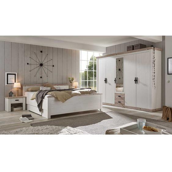Schlafzimmerkomplettset in Weiß und Pinienfarben Doppelbett (vierteilig)