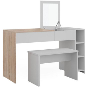 Schminktisch Kira, Weiß/Sonoma, 129.6 cm mit Hocker unf einklappbarem Spiegel Vicco