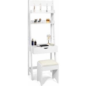Schminktisch mit Hocker, Klappspiegel, 3 Haken, 2 Ablagen und 6 Fächern, Leiterregal, Frisiertisch Set, 40x60x180cm, weiß - Costway