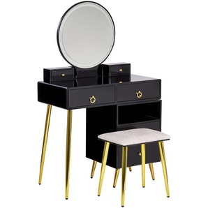 Schminktisch Schwarz und Gold MDF-Platte mit Metallbeinen Rundem LED-Spiegel 6 Schubladen Hocker Glamour für Schlafzimmer Jugendzimmer