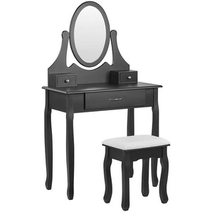 Schminktisch Schwarz und Weiß MDF-Platte mit Holzbeinen Ovalem Spiegel 3 Schubladen Hocker Glamour für Erwachsene Schlafzimmer Jugendzimmer