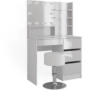 Schminktisch Sherry, Weiß, 140 cm mit led Beleuchtung, Hocker und Spiegelregal Vicco