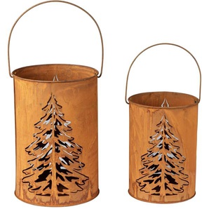 Windlicht SCHNEIDER Weihnachtsdeko Kerzenhalter braun (rostbraun) Windlichter Laternen mit Tannenbaum-Motiv, Höhe 30 und 24 cm