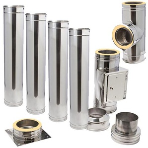 Schornstein-Set Edelstahl DN 150 mm doppelwandig Länge ca. 9,5m Wandmontage ohne Montage Material DW6