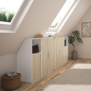 Schrank unter Dachschräge mit 6 Türen & 2 Ablagen - Weiß & Holzfarben - ADEZIO