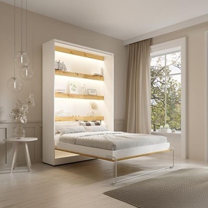 Schrankbett - 140 x 200 cm - Manuelle vertikale Öffnung - Mit LED-Beleuchtung - Weiß & Holzfarben - RAPILI