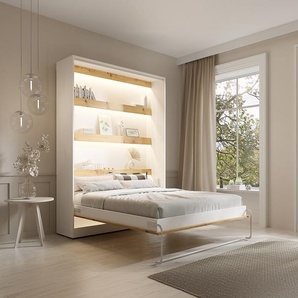 Schrankbett - 160 x 200 cm - Manuelle vertikale Öffnung - Mit LED-Beleuchtung - Weiß & Holzfarben - RAPILI